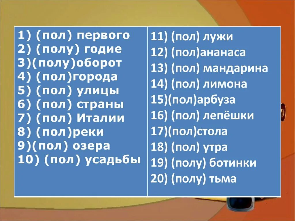 Полкласса как пишется. Пол с существительными упражнения. Пол написание упражнения. Правописание сложных слов с корнем пол. Правописание сложных слов с пол и полу.