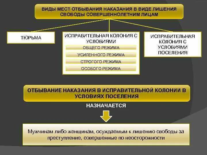 Порядок исполнения отбывания наказаний. Виды режимов отбывания наказания. Места отбывания наказания в виде лишения свободы. Места и режимы отбывания наказания в виде лишения свободы. Виды наказания в виде лишения свободы.