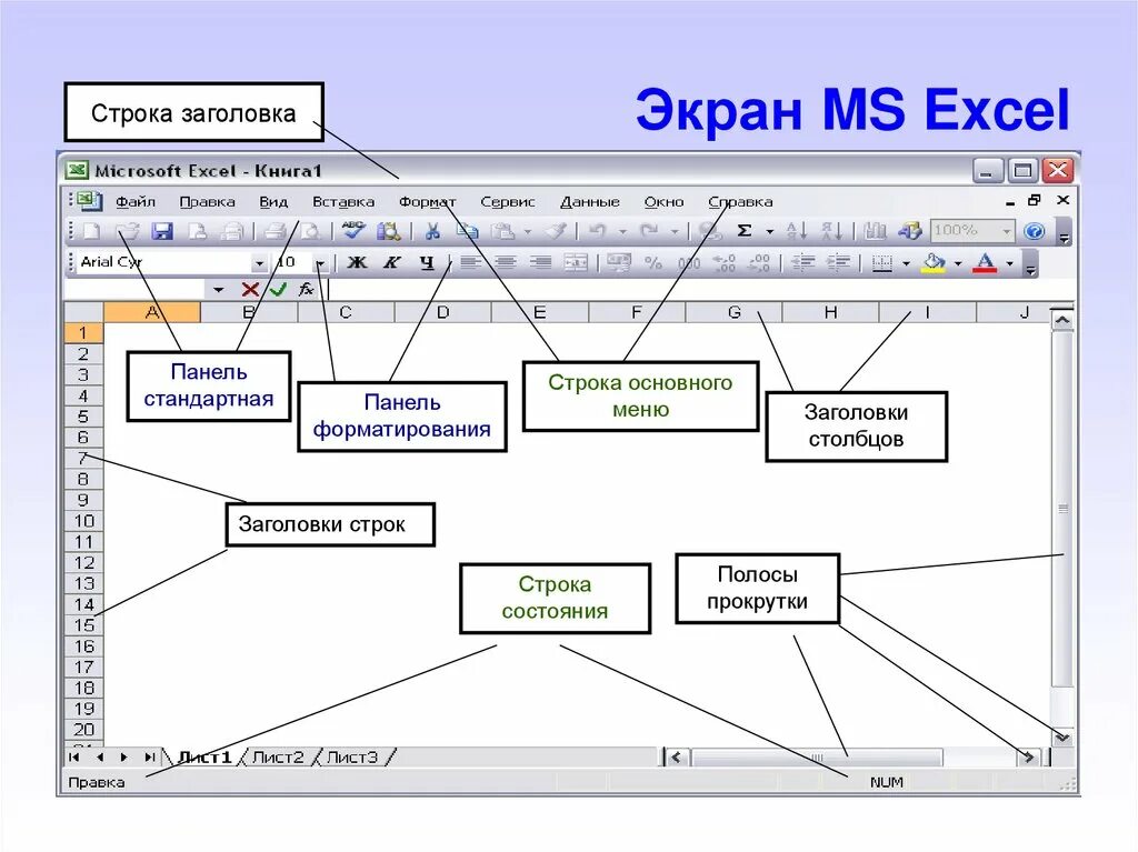 Комплексное использование ms excel. Экран эксель. экран эксель содержит. основные элементы экрана программы ms excel. стандартная панель ms excel.
