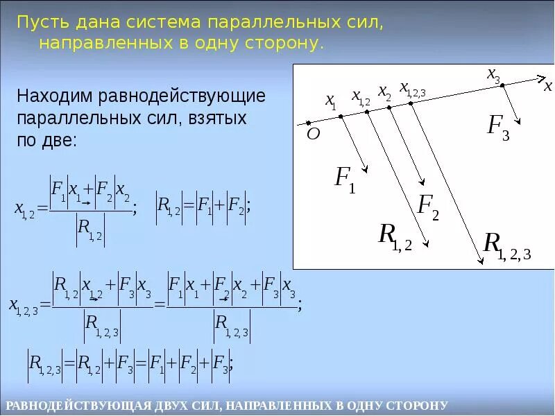 Система сил теоретическая механика. Равнодействующая сила системы параллельных сил. Параллельная система сил техническая механика. Система параллельных сил теоретическая механика. Приведение системы параллельных сил к равнодействующей.