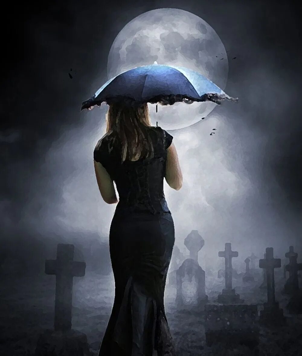 Страшный мир города и его незнакомка. Ведьма под дождем. Ведьма на кладбище. Девушка в трауре. Девушка уходит в ночь.