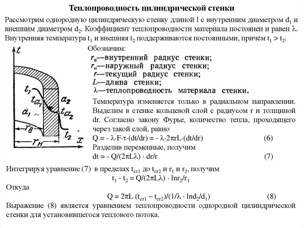 Коэффициент теплопередачи для цилиндрической стенки. Теплопроводность через цилиндрическую стенку. Тепловой поток теплопроводности цилиндрической стенки формула. Теплопроводной однородной однослойной цилиндрической стенки. Сосуд с изменяющейся температурой стенок