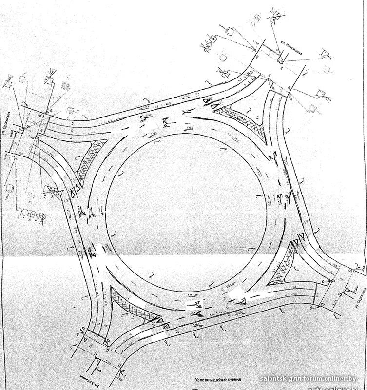 Горизонтальная планировка кольцевых пересечений. Разметка на круговом движении. Кольцевое движение чертеж. Схема перекрестка с круговым движением. Кольцевая могилев