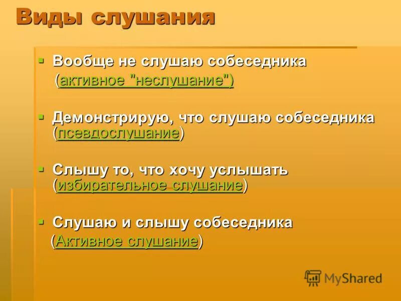 Слушание собеседника виды слушания