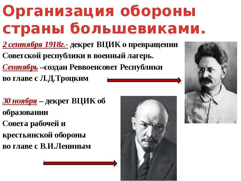 Государства большевиков. Реввоенсовет Республики л.д.Троцкий. Троцкий председатель Реввоенсовета. Организация обороны страны большевиками. Сентябрь 1918 декрет о.