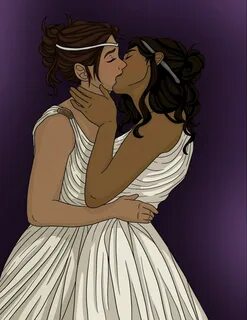 this is a drawing of the goddess artemis (left) kissing the poet and queen ...