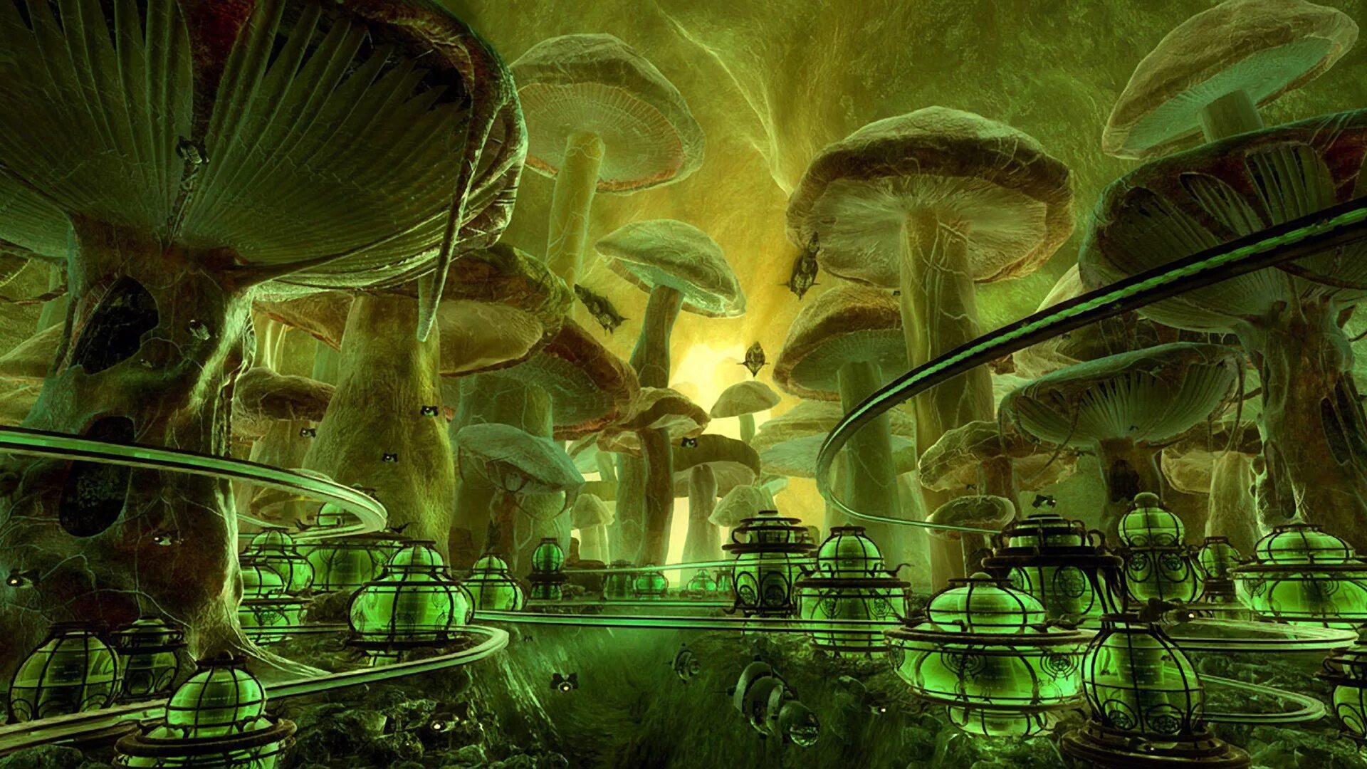 Грибы фотосинтезируют. Машрумс утопия грибы. Инопланетные пейзажи. Фантастические цивилизации. Футуристические грибы.