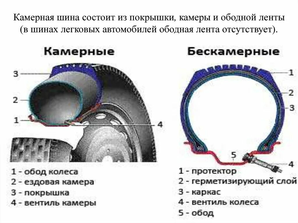 Схема устройства бескамерной шины. Схема устройства камеры шины. Конструкция камерной и бескамерной шины. Схема пневматической бескамерной шины.