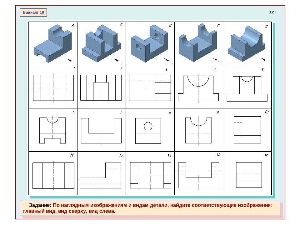 Детали 06. Карточки задания по черчению Степакова. Раздаточная карточка по черчению номер 9 вид спереди, сбоку и сверху. Чертёж по технологии 6 класс главный вид вид сбоку вид сверху.