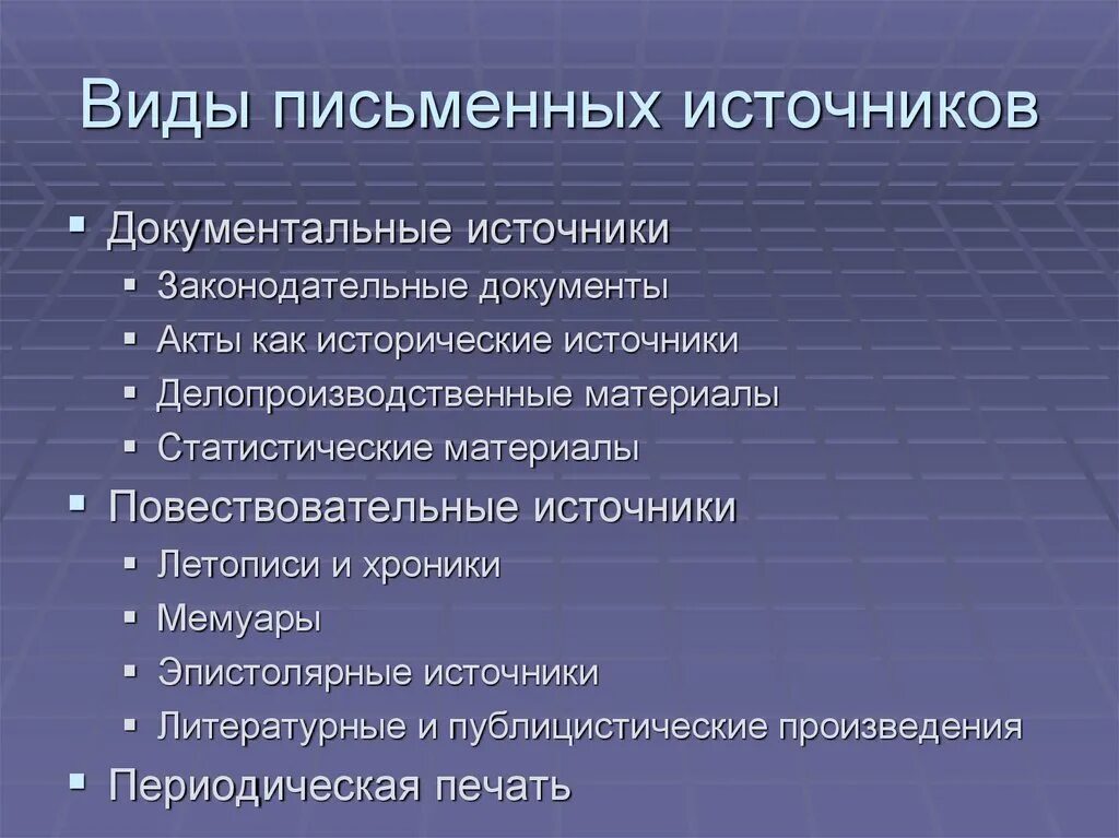 Источник исторических сведений. Виды письменных исторических источников. Классификация письменных источников. Виды пиьсменныхисточников. Повествовательные исторические источники.