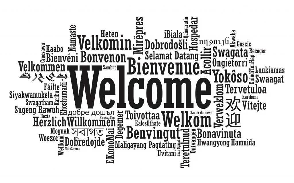 Добро пожаловать на разных языках. Welcome на разных языках. Много надписей на белом фоне. Облако тегов на разных языках.