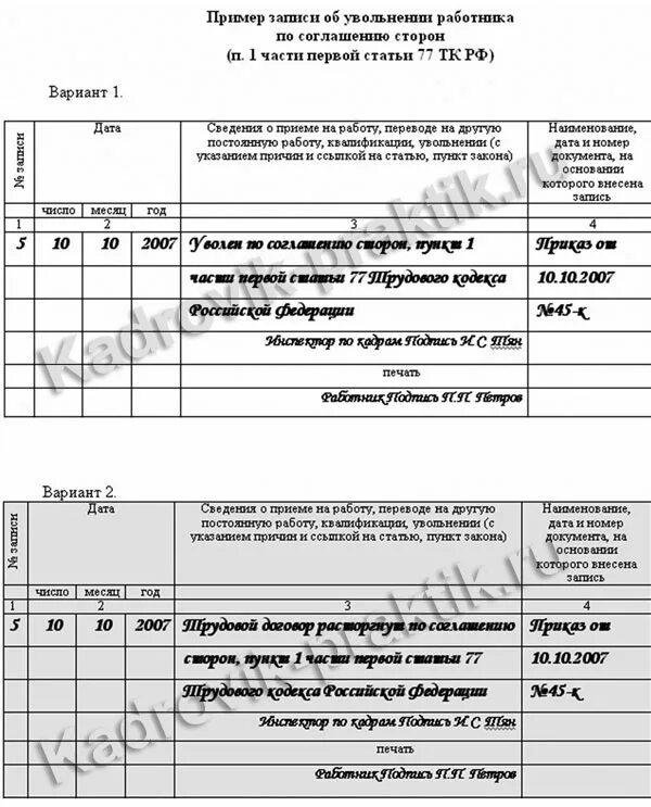 Увольнение по соглашению сторон в трудовой книжке образец. П.1 ст.77 ТК РФ соглашение сторон. Увольнение по соглашению сторон образец записи в трудовую книжку. Образец записи в трудовую книжку по соглашению сторон образец. Тк 77 п 8
