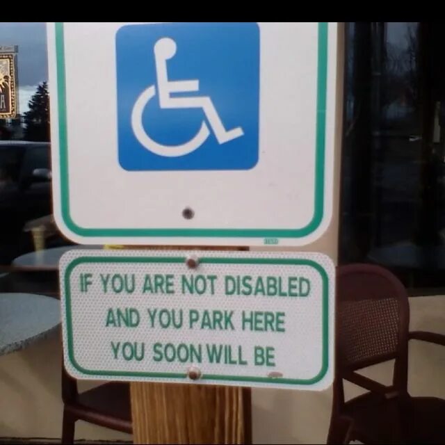 Don't Park sign. Park here sign. You Park here this place is for disabled people. Don t park here