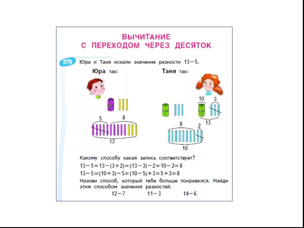 Математика переход через 10. Вычитание через десяток 1 класс. Вычитание без перехода через десяток 1 класс. Вычитан е через десяток. Вычитание с переходом через десяток.