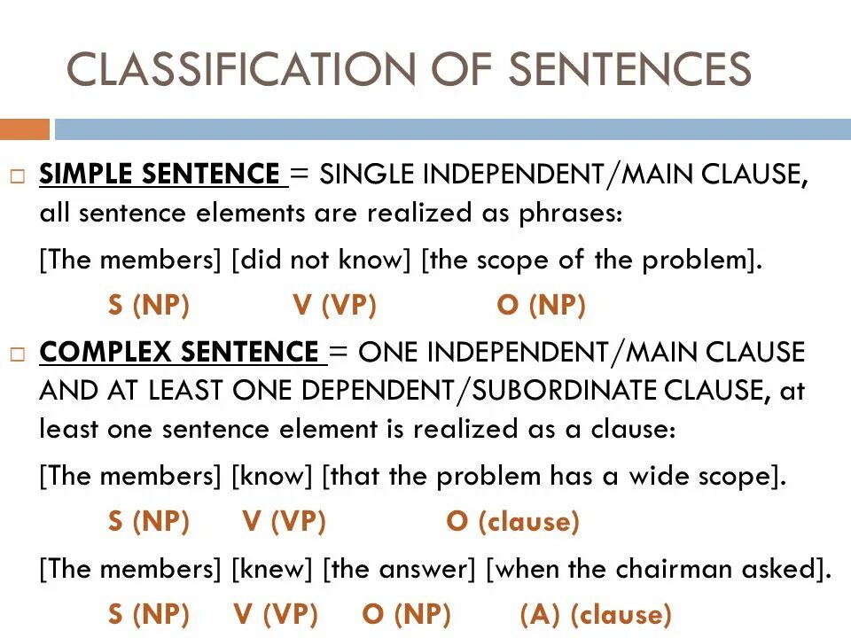 Classification of sentences. Classification of simple sentences. The main members of the sentence. Members of the sentence in English.