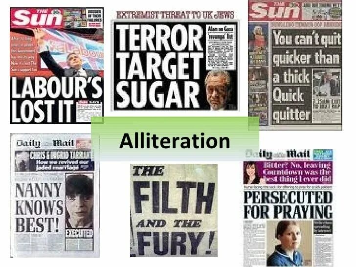 Newspaper headlines. Newspaper headlines examples. Alliteration. News headlines