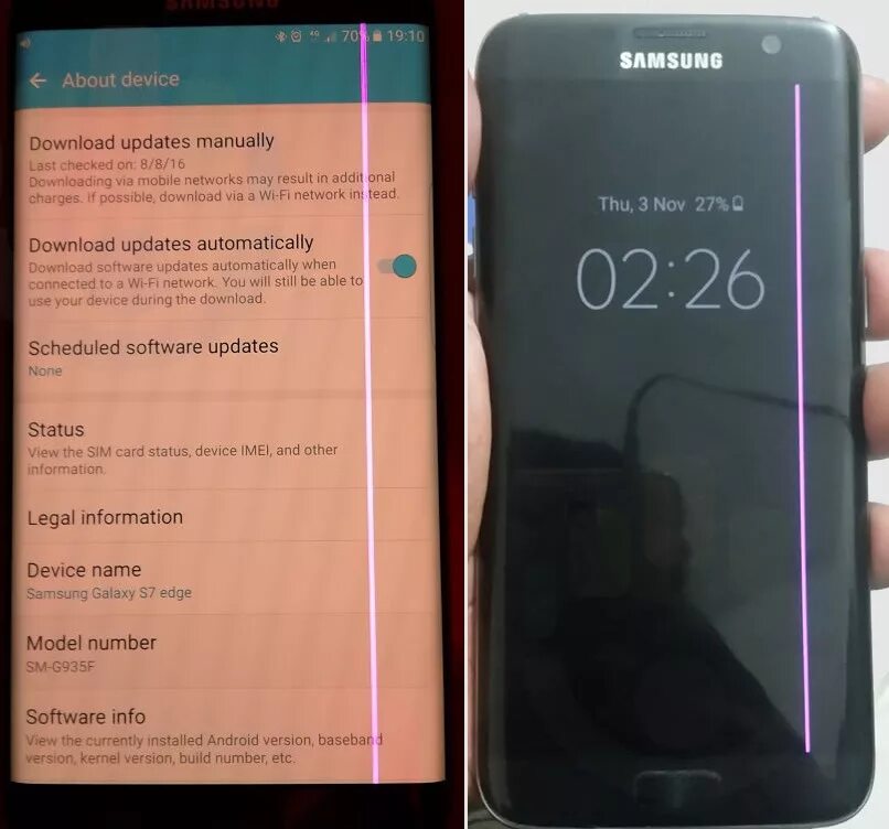 После обновления экран телефона. Розовая полоса Samsung s7 Edge. Розовая полоса на экране самсунг. Хонор полоса на экране. Появились полоски на экране телефона.