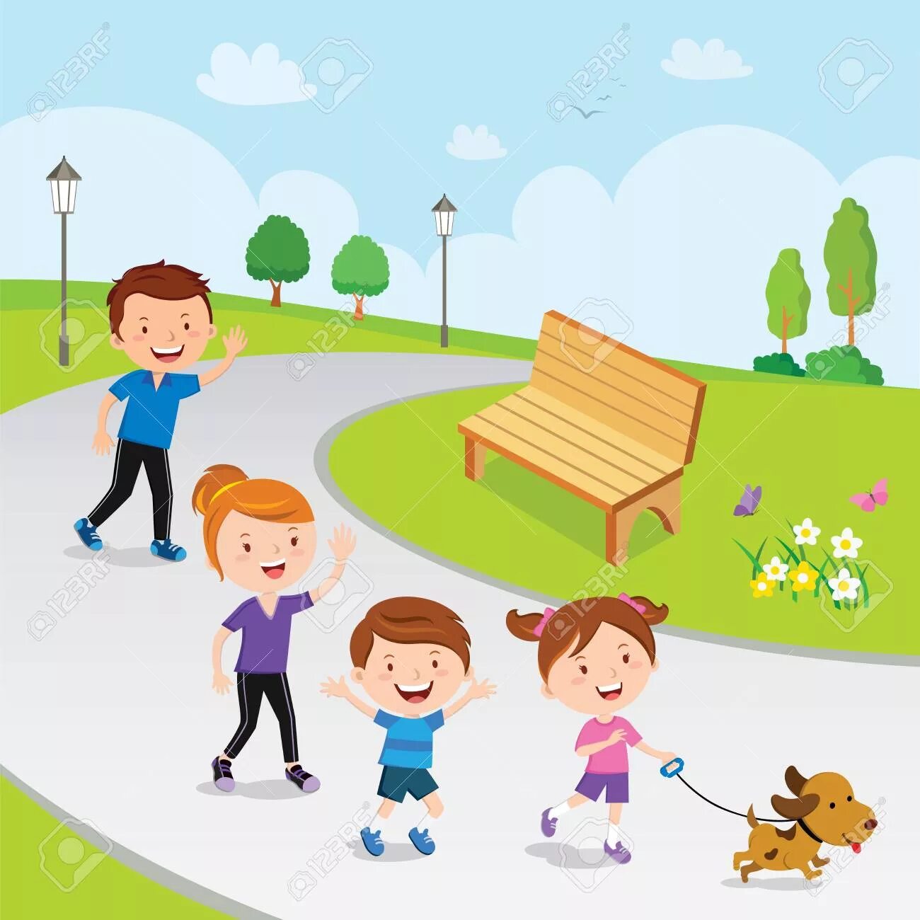 Friend likes to walk. Прогулка в парке рисунок. Дети гуляют в парке. Парк прогулки нарисованные. Прогулка по парку рисунок.