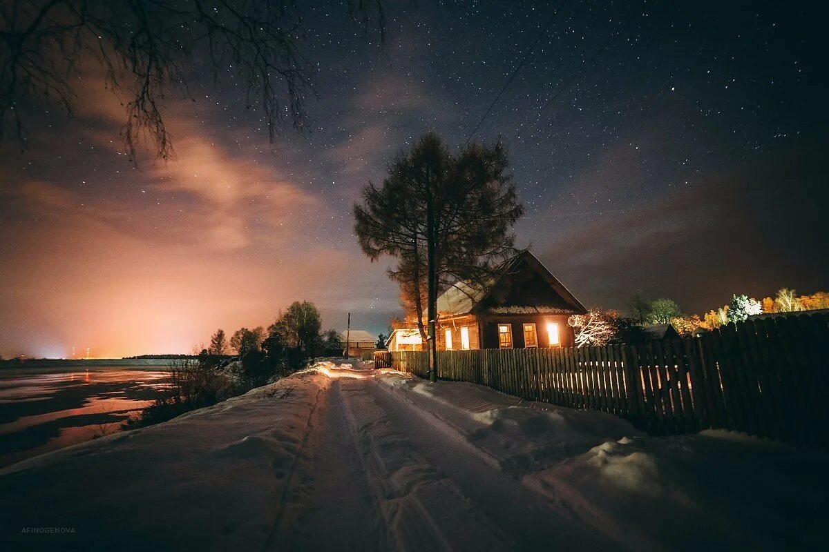 Село Пено Тверская область. Зимний вечер в деревне. Ночная деревня.