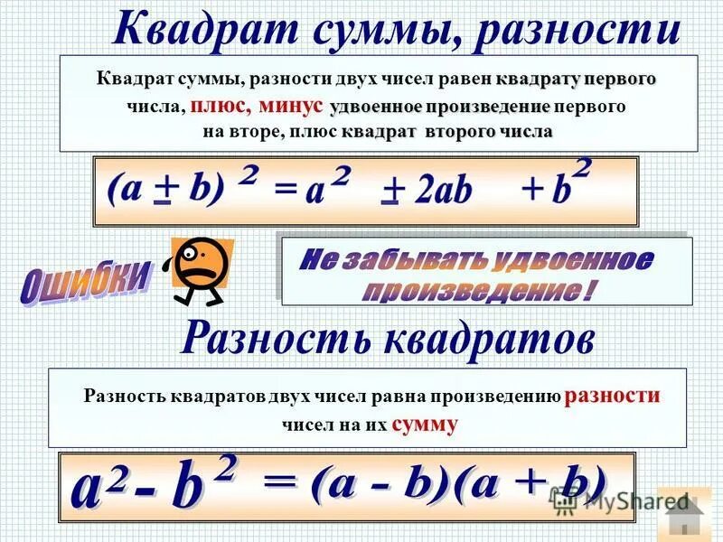 Формула разности квадратов двух чисел. Формула суммы квадратов двух чисел. Сумма кубов квадрат разности куб суммы. Квадрат суммы и разности чисел. Квадрат разности двух чисел.