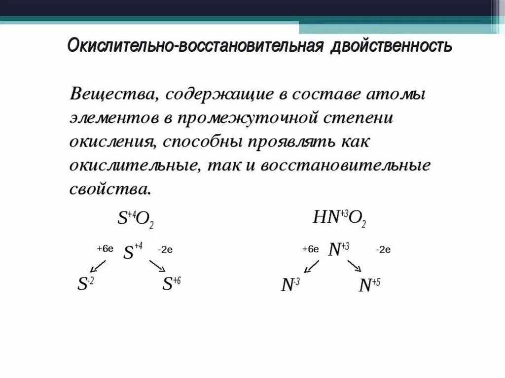 Соединений с окислительно-восстановительной двойственностью. Элементы с окислительно восстановительной двойственностью. Вещества проявляющие и окислительные и восстановительные свойства. Окислительно восстановительная двойственность. Только восстановительные свойства проявляет вещество