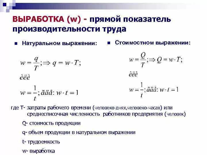 Определить выработку на 1 рабочего. Рассчитать обратный показатель производительности труда. Формула для расчета производительности труда натуральным методом. Формула для расчета производительности труда стоимостным методом. Как рассчитать выработку и трудоемкость.