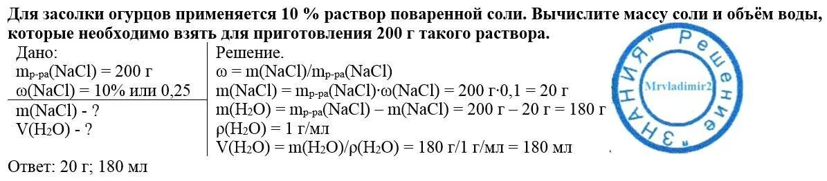 Для засолки огурцов применяется 10% раствор поваренной соли. Объем водного раствора соли поваренной. Рассчитайте массу поваренной соли и воды. Для засолки огурцов применяется раствор 10% 10 поваренной соли. Сколько грамм поваренной соли и воды