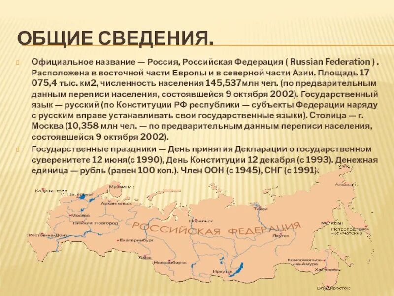 Крупнейший город в азиатской части россии. Общие сведения о России. Основная информация о России. Российская Федерация презентация. Россия Общие сведения о стране.