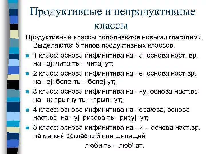 Продуктивные классы глаголов таблица. Продуктивные классы глаголов в русском языке. Продуктивные и непродуктивные глаголы. Классы глаголов продуктивные и непродуктивные классы.