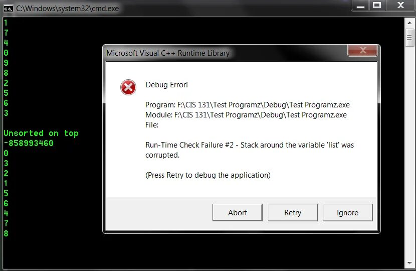 Отладка ошибок. Runtime. Runtime check. Windows Stack overflow Error. Debug error c
