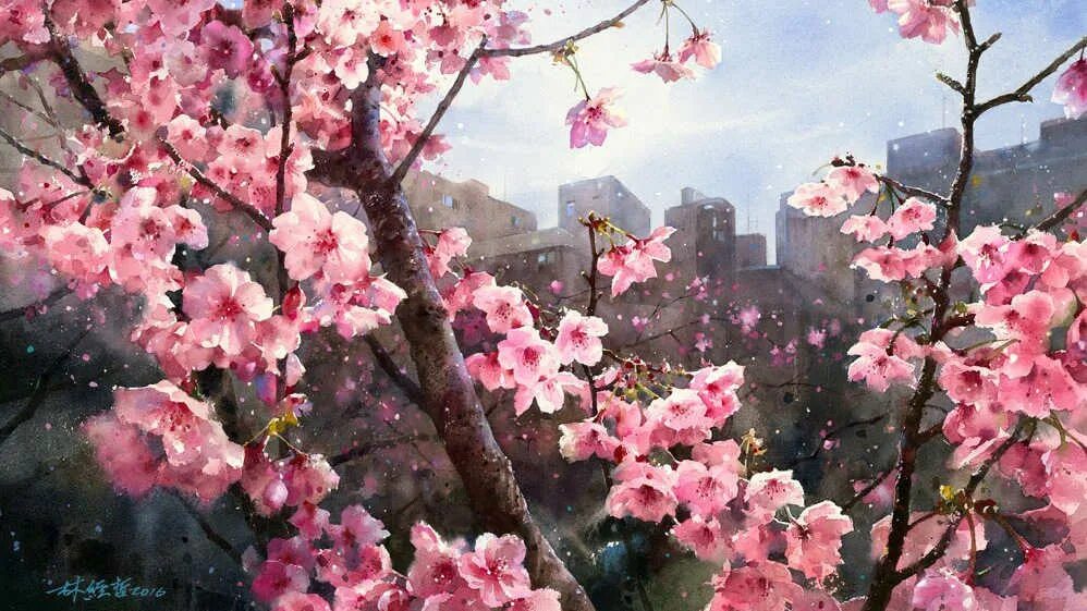 Sakura lin. Тайваньский художник lin ching che. lin ching che акварельная живопись. цветущая сакура живопись. сакура акварелью.