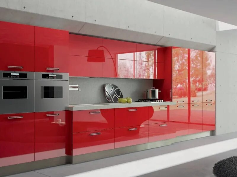 Купить акриловую кухню. Красная глянцевая кухня. Красный глянцевый кухонный гарнитур. Фасады из акрила. Акриловая кухня.