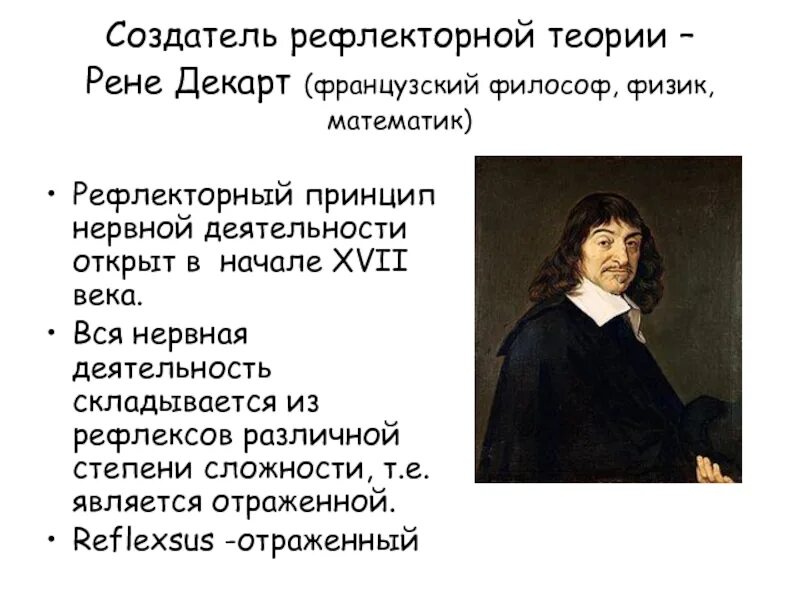 Учение р. Этапы развития учения о рефлексе. Декарта о рефлексе. Рене декарт рефлекторная дуга. Рене декарт презентация.