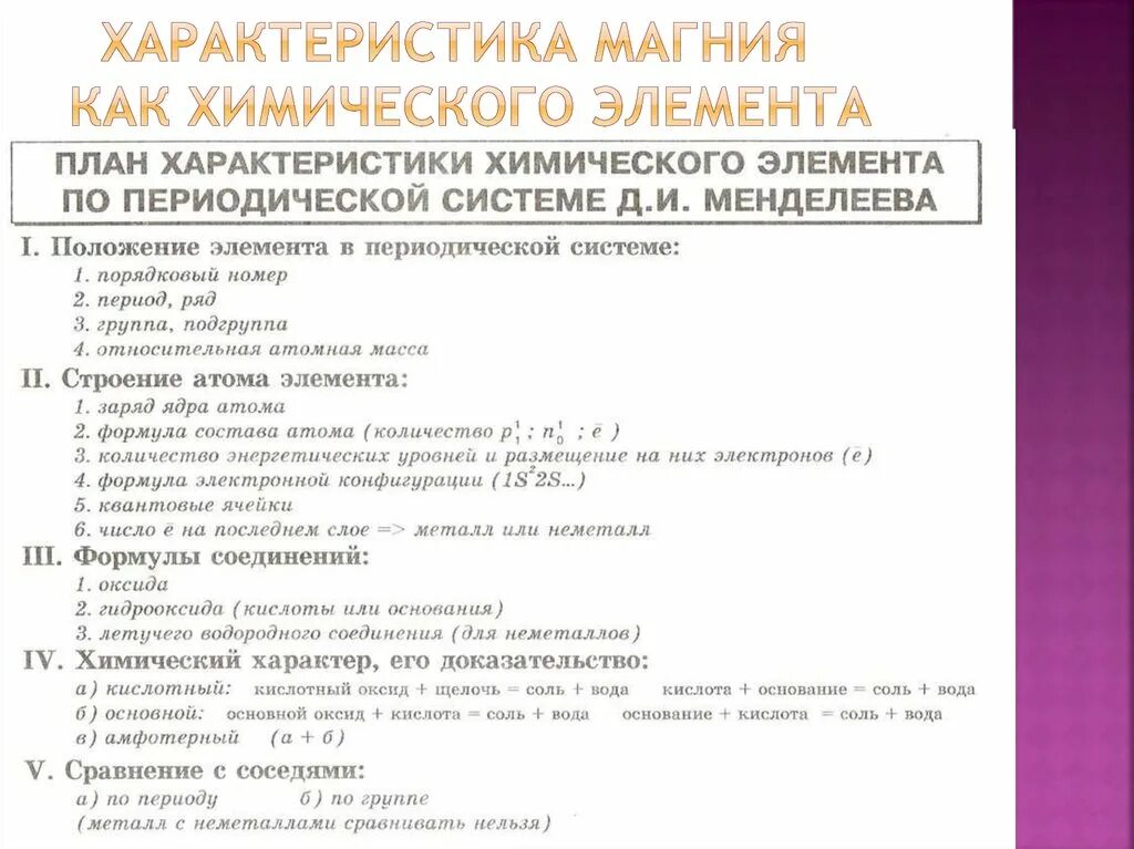 Дайте характеристику элемента магния по плану. Характер магния по плану. Характеристика магния по плану. План характеристики магния. Дать характеристику магнию по плану.