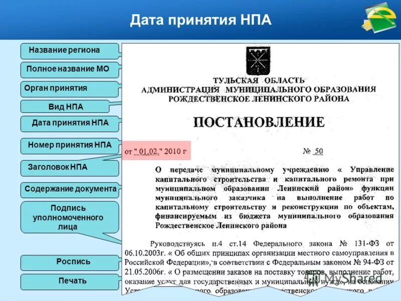 Принятие нормативных актов субъектов рф. Заголовок нормативно правового акта. НПА 1. Номер и полное название НПА.