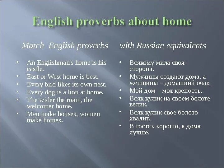 Match the english and russian equivalents. English Proverbs. Every Bird likes its own Nest русский эквивалент. Proverbs in English. Men make Houses women make Homes.