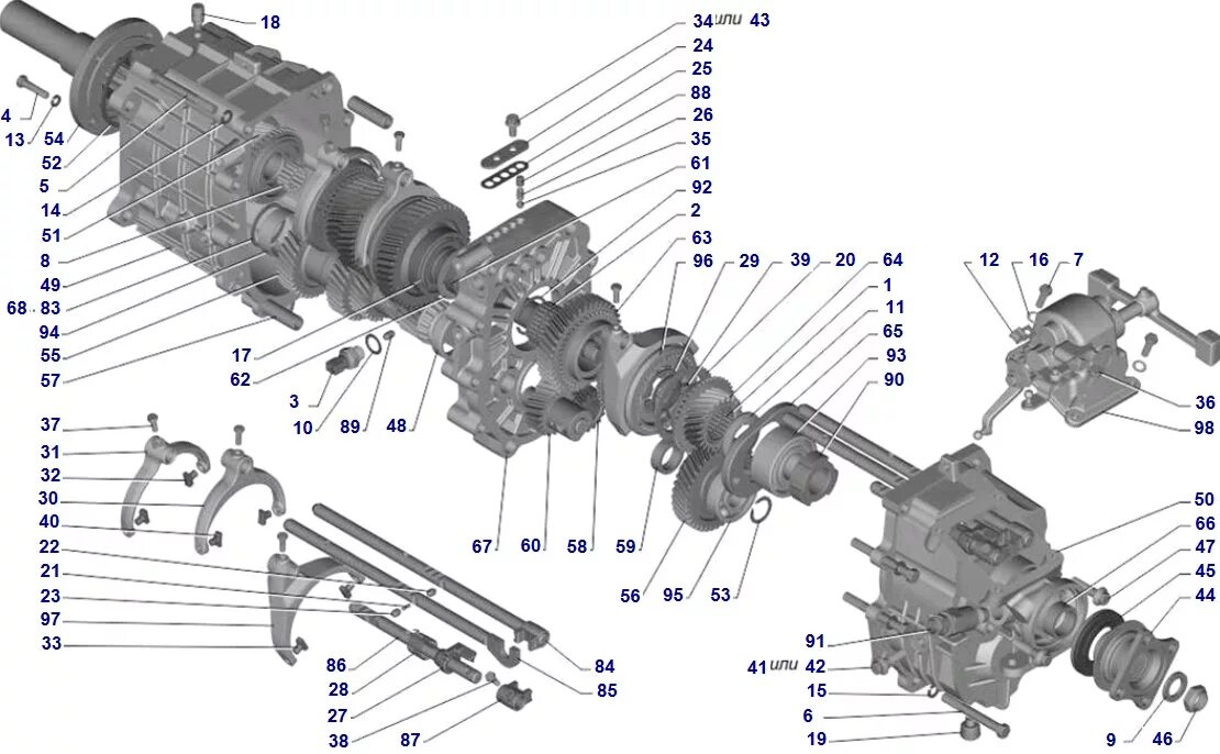 Валы и шестерни 4-ступенчатой коробки передач ГАЗ-3308 (Чертеж № 49: список дета