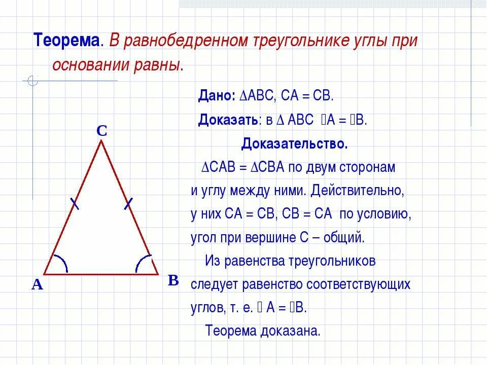 В равнобедренном треугольнике углы при основании равны. Равнобедренный треугольник углы при основании равны доказательство. Угол при основании равнобедренного треугольника. Доказать что углы при основании равнобедренного треугольника равны.