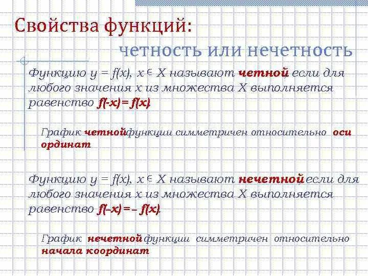 Выяснить является ли функция четной нечетной. Свойства функции четность. Свойства функции четность нечетность. Свойства четных и нечетных функций. Свойства четной функции.