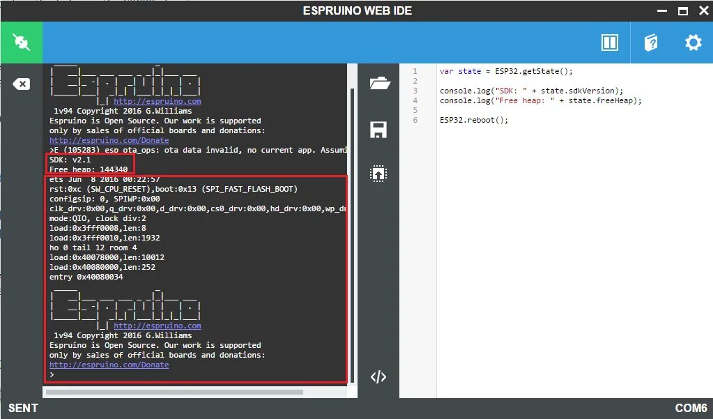 Espruino ide. Espruino web ide. эспруино. esp32 reboot programs. sdk logs.