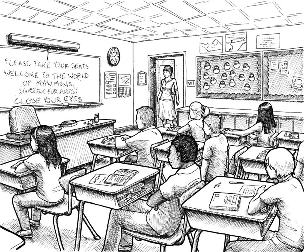 Идеальный 5 класс. Современный класс рисунок. Зарисовки на тему школа. Зарисовки на уроке. Школьный класс карандашом.