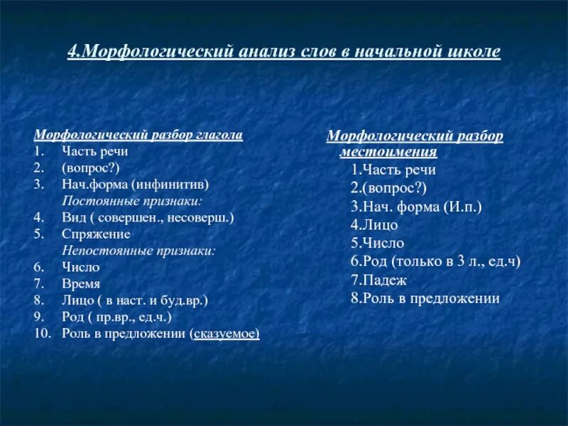 Морфологический разбор слова постоянные признаки глагола. Признаки морфологического разбора глагола. Морфологический разбор глагола. Морфологический анализ слова. Морфологический разбор глагола 4 класс.