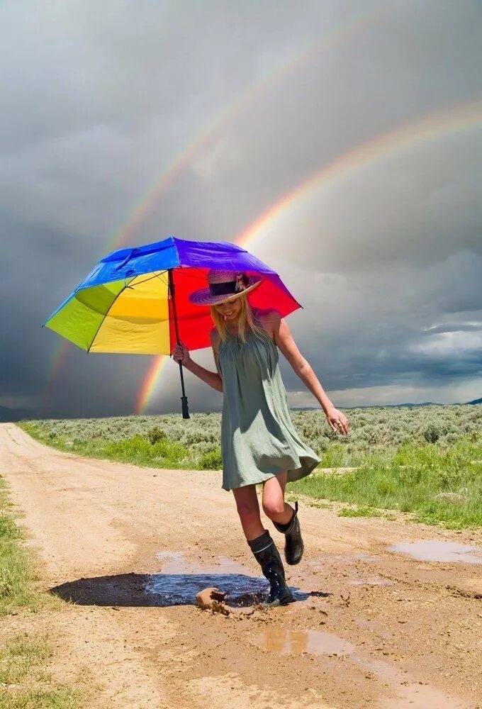 Хорошего настроения в дождливую погоду. Девочка с радугой. Фотосессия с зонтиком. Радость под дождем. Девушка под радугой.