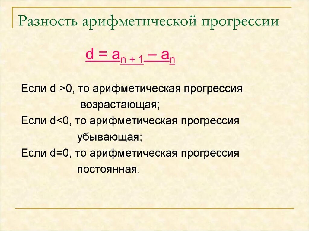 Разница арифметической прогрессии. Разность арифметической прогрессии формулировка. Формула разницы арифметической прогрессии. Разность d арифметической прогрессии. Форма разности арифметической прогрессии.