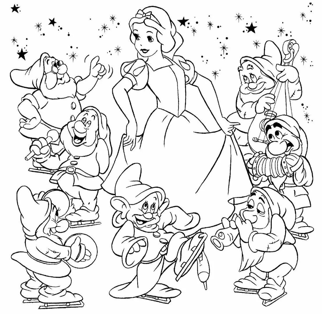 Картинки для детей 7 лет. Принцессы Уолта Диснея раскраски. Раскраска Белоснежка и семь гномов. Раскраска принцессы Disney Белоснежка и семь гномов. Рисунок Белоснежка и семь гномов разукрашка.