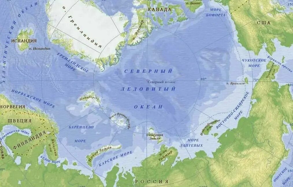 Моря северного ледовитого океана находятся на. Северный Ледовитый океан географическая карта. Баренцево море на карте Северного Ледовитого океана. Северный Ледовитый океан физическая карта границы.