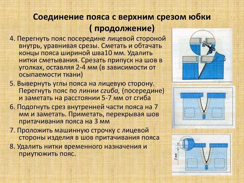 Обработка верхнего среза притачным поясом. Технологическая последовательность обработки боковых срезов юбки. Обработка пояса обработка верхнего среза. Последовательность обработки верхнего среза притачным поясом.