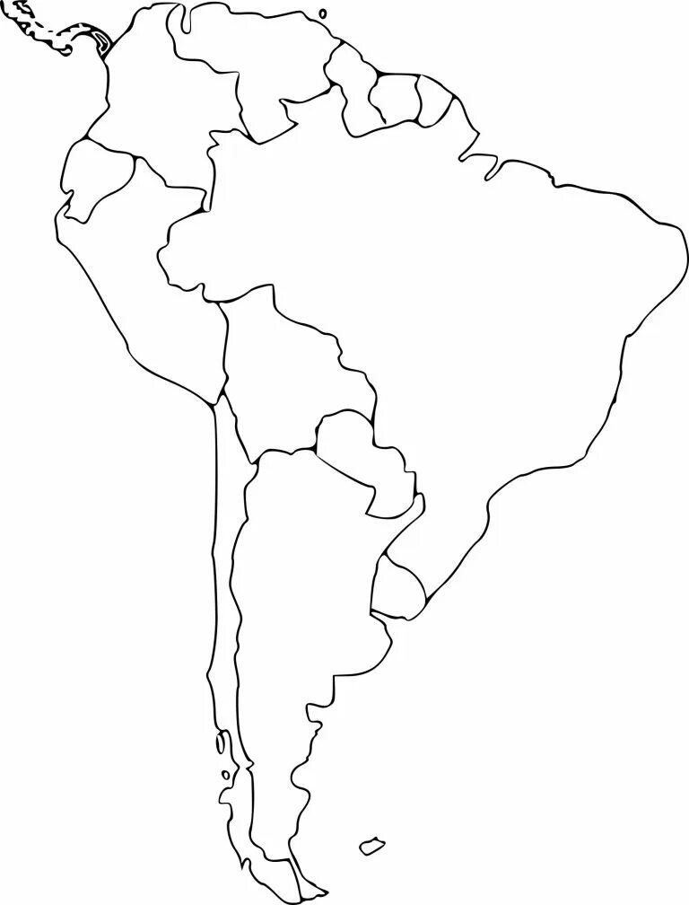Политическая контурная карта Южной Америки для печати. Бразилия на контурной карте Южной Америки. Границы Южной Америки на контурной карте. Карта контурная политическая Южной Америки с границами государств.