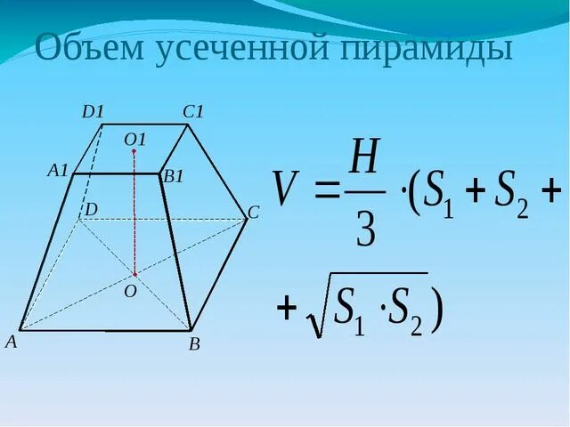 Калькулятор объема трапеции. Объём усеченной пирамиды четырехугольной формула. Усечённая четырёхугольная пирамида объём. Правильная усеченная пирамида формулы. Усеченная четырехугольная пирамида объем.