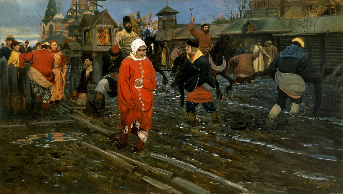 Рябушкин Московская улица 17 века. «Московская улица XVII века в праздничный день» (1895.